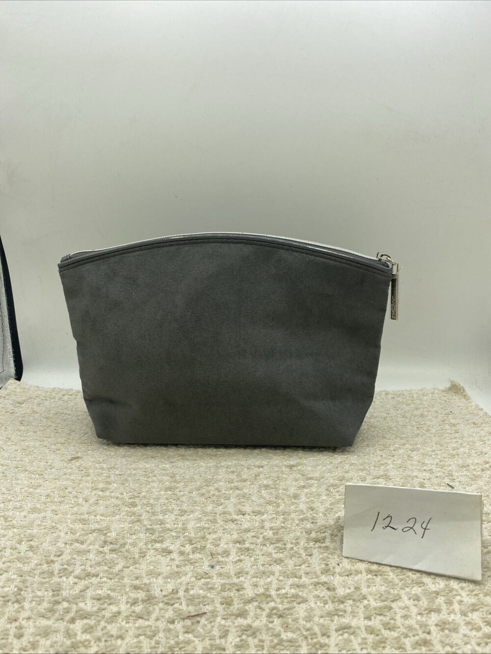 Lancome large grey makeup bag soft fabric w/ silver hardware, logo & lining